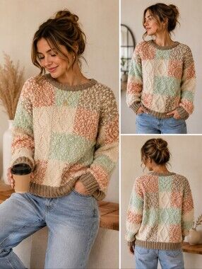 Chelsea Place Chunky Patchwork Cable Knit Sweater Women’s Medium Cozy Cottagecor